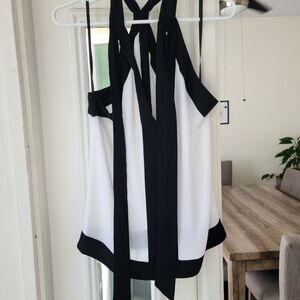 BCBGMaxAzria Black and White Tie-Neck Sleeveless Blouse